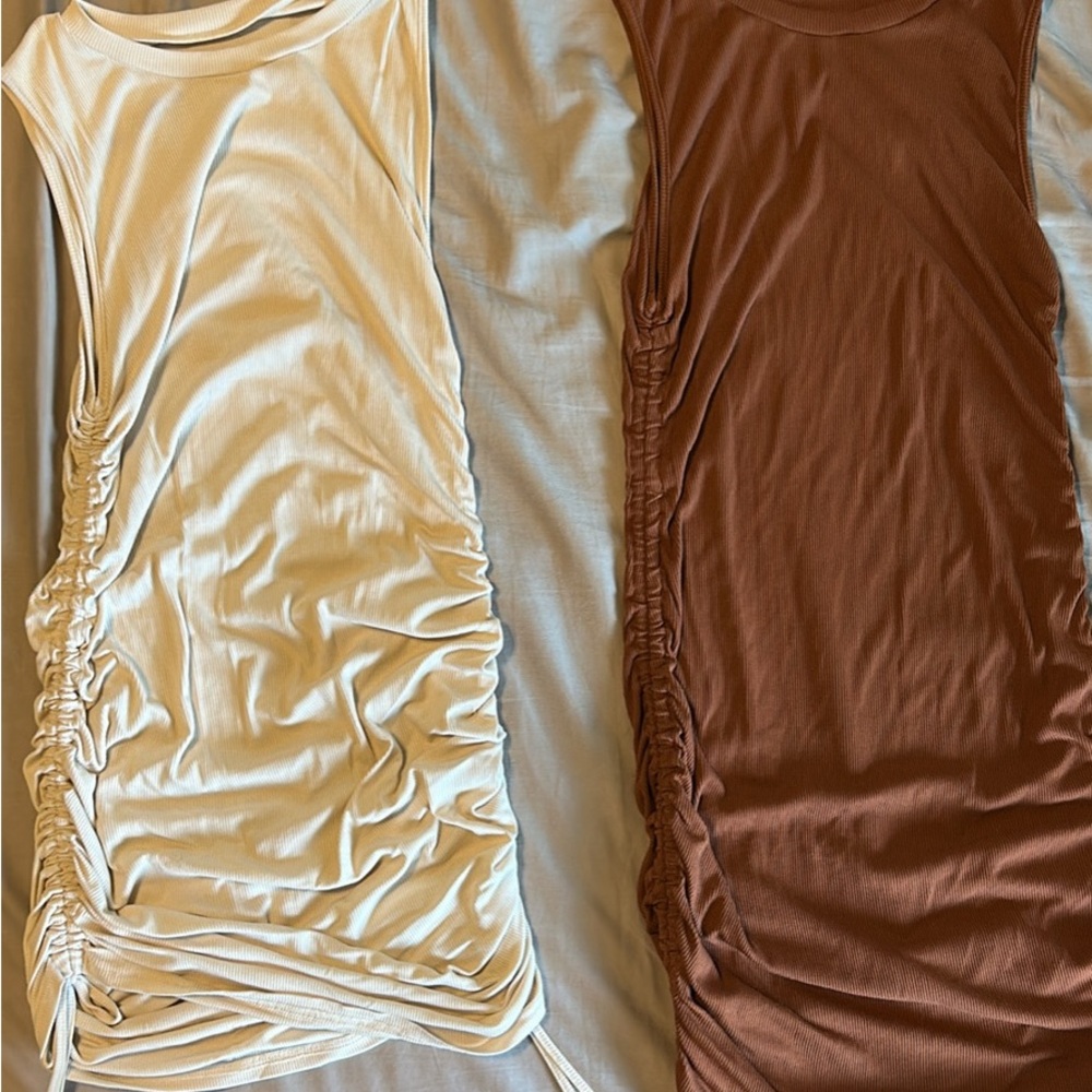 2 Sleeveless Ruched Women Tops - Cream and Brown